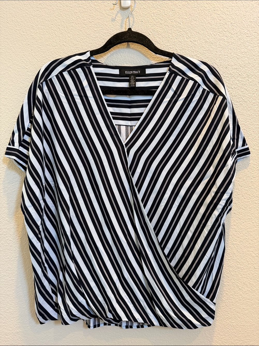 Ellen Tracy Blue & White Striped Faux-Wrap Blouse NWT